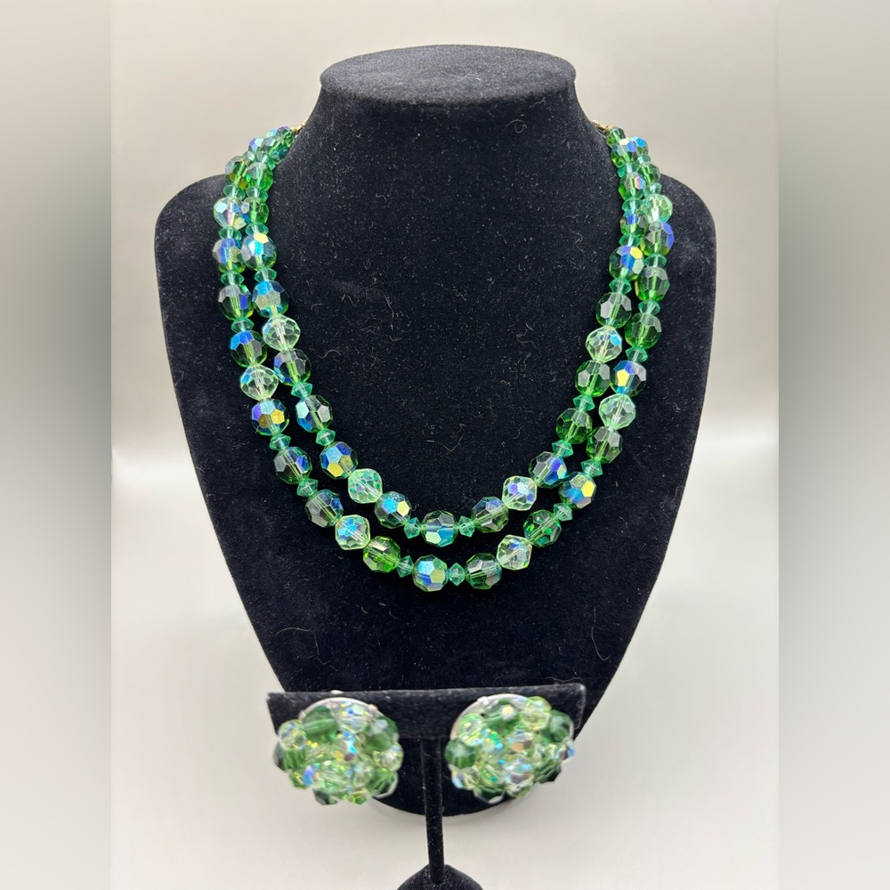 Vintage 2 Tone Green AB Crystal 15” Double Strand Necklace & Clip Earrings set